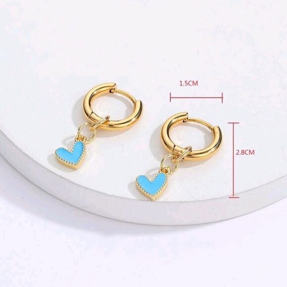 Gold Hoops Dangling Heart Drop Huggie Earrings - Picture 2 of 5